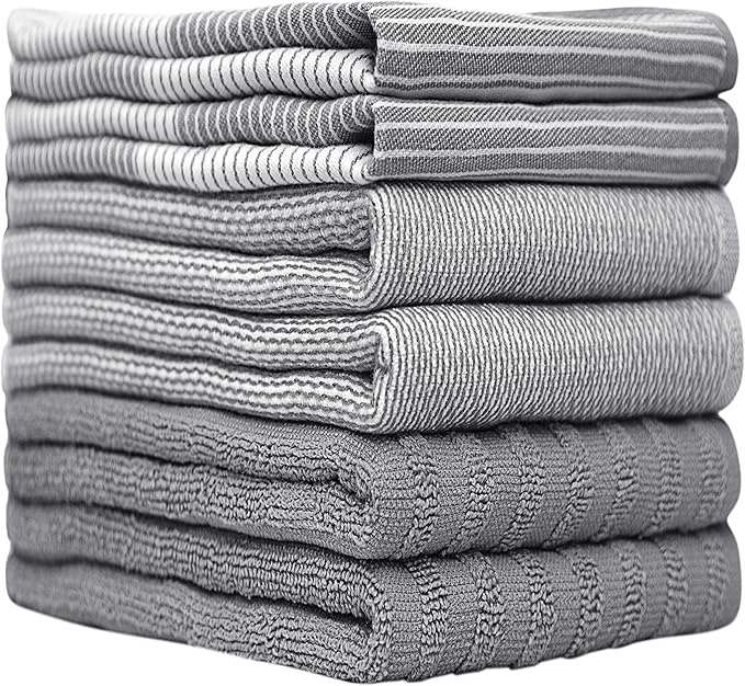 Premium Kitchen Towels 6 Pack Large Cotton Hand Towels Flat Terry Absorbent Tea Towels with Hanging Loop Gray 20x28