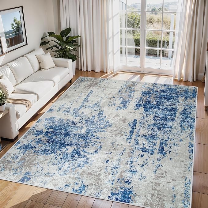 6x9 Area Rugs for Living Room Rug Washable: Abstract Rug for Dining Room Bedroom Carpet Non Slip 6 by 9 Indoor Modern Nursery Home Office Blue Grey White