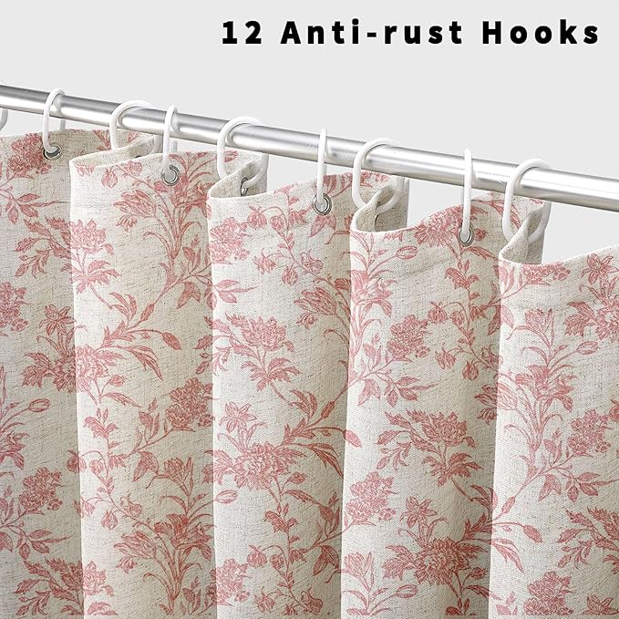 Pink Shower Curtain Floral Cotton Linen Cottagecore Shower Curtain for Bathroom 72" W x 72" L