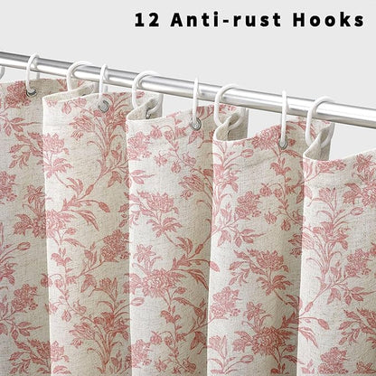 Pink Shower Curtain Floral Cotton Linen Cottagecore Shower Curtain for Bathroom 72" W x 72" L