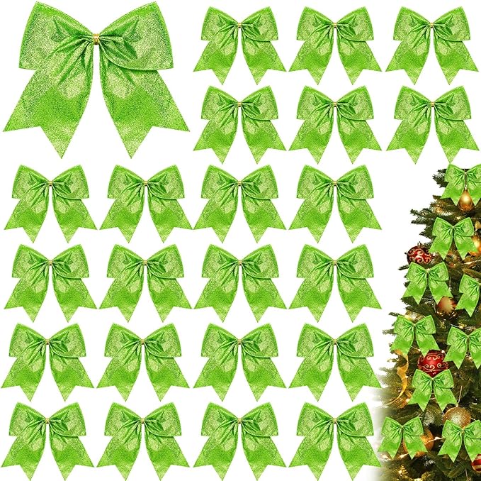 Cindeer 24 Pcs Lime Green Christmas Bow Decorations 6 x 6 Inches, Glitter Holiday Ornaments Sequin Ties Bows for Xmas Tree, Wreath, DIY Crafts, Gift Wrapping, Party Decor