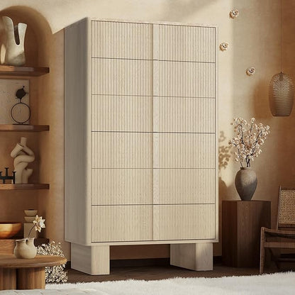 Fluted Dresser for Bedroom with 6 Drawers, 51'' H Modern Chest of Drawers with Wooden Handle, Wooden Dresser TV Stand, Wood Closet Clothes Storage Organizer for Living Room, Hallway, Whitewashed Oak