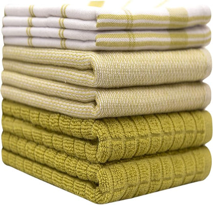 Premium Kitchen Towels 6 Pack Large Cotton Hand Towels Flat Terry Absorbent Tea Towels with Hanging Loop Lime Green Check 20x28