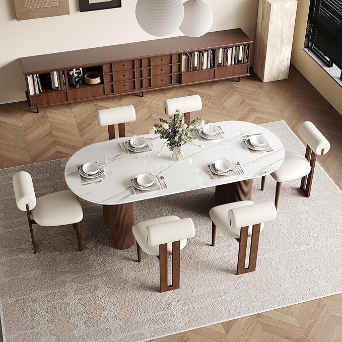 71" Modern Oval Dining Table for 6, Glossy White Sintered Stone Dining Tabletop with Brown Dual-Pedestal, Easy Assembly Dining Room Table for Home Kitchen (Table Only)