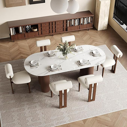 71" Modern Oval Dining Table for 6, Glossy White Sintered Stone Dining Tabletop with Brown Dual-Pedestal, Easy Assembly Dining Room Table for Home Kitchen (Table Only)