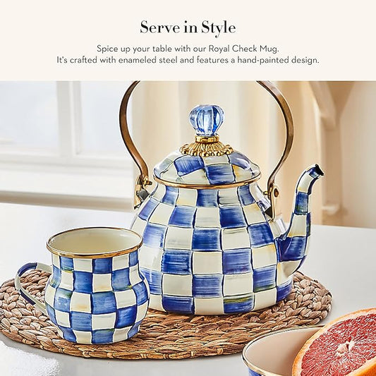 MACKENZIE-CHILDS Enamel Mug, Cute Enamelware Coffee and Tea Mug, Unique Drinkware, 16 Ounces, Blue-and-White Royal Check, Set of 1