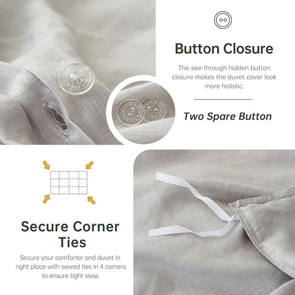 Simple&Opulence 100% Linen Duvet Cover Set, 3 PCS Natural French Flax Light Grey Duvet Cover King Size, Breathable Soft Comfy Linen Bedding Comforter Cover with 2 Pillowcases(Light Grey, 104" x 92")