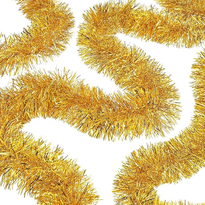WILLBOND 50 ft Christmas Tinsel Garland Metallic Tinsel Twist Garland Christmas Tree Decorations New Year Wedding Birthday Hanging Decorations Party Supplies, 3 Inch(Gold)