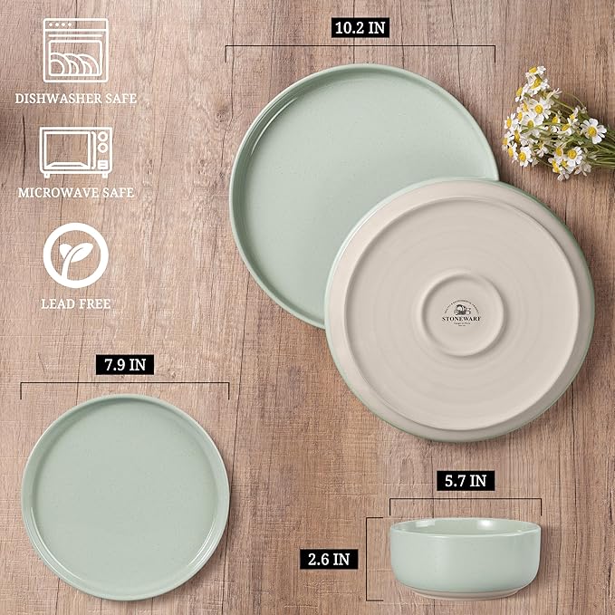 HaWare Stoneware Dinnerware Sets, 6-Piece Plates and Bowls Set for 2, Dishes Set for Home Restaurant, Speckled Asparagus Green