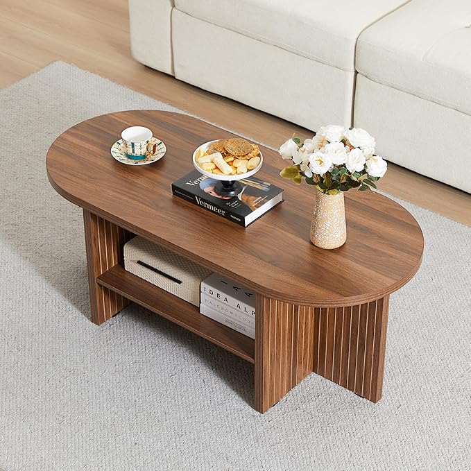 43.3” Coffee Table with Storage, Oval Coffee Tables for Living Room, Farmhouse Fluted Coffee Table with Large Storage Shelf, Wood Center Table for Small Space, Walnut