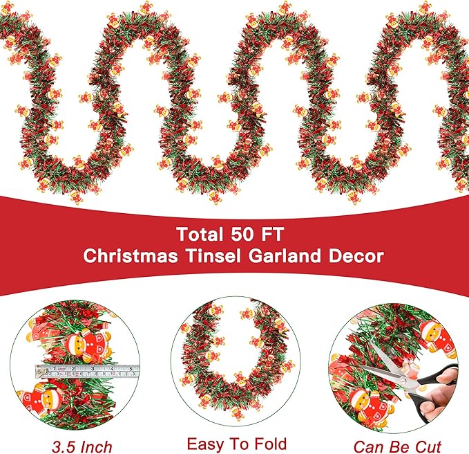 50FT Red Green Christmas Tinsel Garland with Gingerbread Man Ornaments, Thick Metallic Twist Xmas Garland for Tree Decorations Fireplace Mantel Home Office Stair Party Indoor Outdoor Holiday Decor