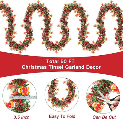 50FT Red Green Christmas Tinsel Garland with Gingerbread Man Ornaments, Thick Metallic Twist Xmas Garland for Tree Decorations Fireplace Mantel Home Office Stair Party Indoor Outdoor Holiday Decor