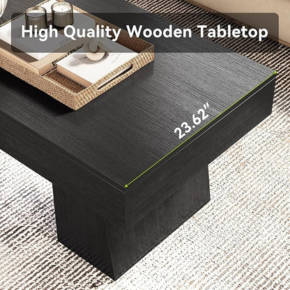 LITTLE TREE Farmhouse Coffee Table, 47 Inches Wooden Rectangular Accent Center Tables with Thick Base, Modern Low Cocktail Tea Furniture for Living Room (Black)