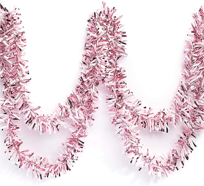 Anderson's Metallic Light Pink & White Sparkle Glitter Tinsel Twist Garland, 25ft Holiday Decoration, Christmas Tree Trim, Parade Float Decor, Party Supplies, Graduation, Indoor/Outdoor Event Garland