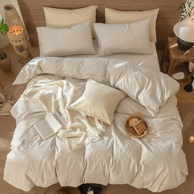 MooMee Striped Duvet Cover Set 100% Washed Cotton Linen Like Textured Breathable Durable Soft Comfy (Tannish Linen Grey White Pinstripes, Cal King 104"x98")