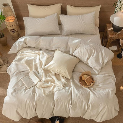 MooMee Striped Duvet Cover Set 100% Washed Cotton Linen Like Textured Breathable Durable Soft Comfy (Tannish Linen Grey White Pinstripes, Oversized Full 82"x86")