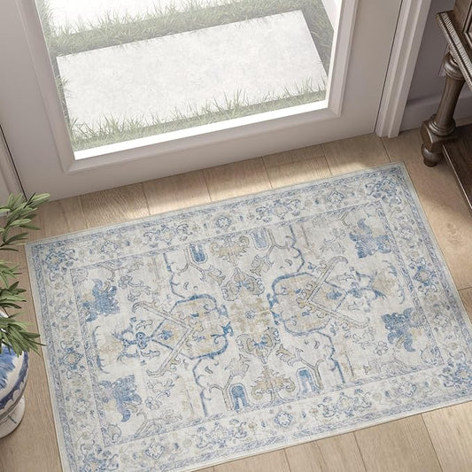jinchan Vintage Floral Washable Rug 2x3 Non-Slip Low Pile Doormat, Blue