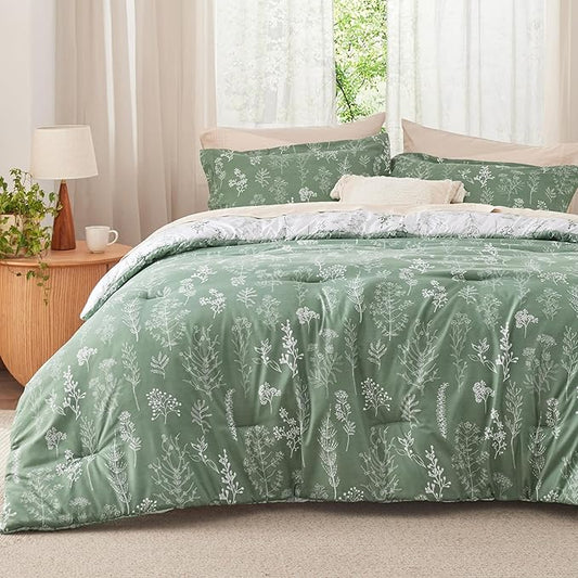 Bedsure King Comforter Set - Green Bed Set, 3 Pieces Cute Floral Bedding, 1 Soft Reversible Botanical Flowers Comforter and 2 Pillow Shams