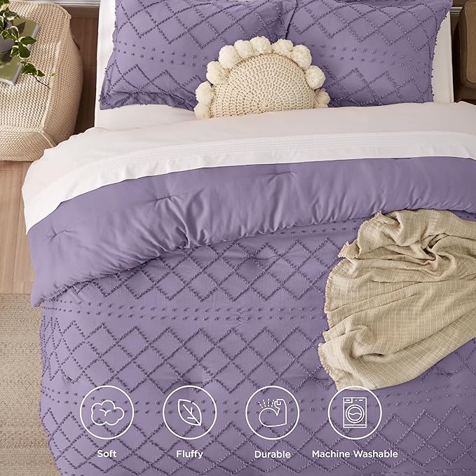 Bedsure Full Comforter Set - Grayish Purple Comforter, Boho Tufted Shabby Chic Bedding for Kids, 3 Pieces Vintage Farmhouse Bed Set for All Seasons, Fluffy Soft Bedding with 2 Pillow Shams