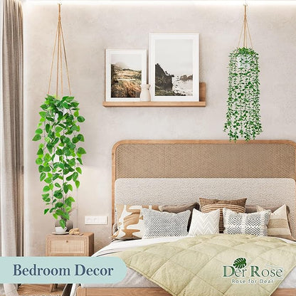 Der Rose 4Pcs Fake Plants Hanging Artificial Ivy Vine Faux Eucalyptus Hanging Plants, Boston Fern, String of Pearls for Living Room Bedroom Boho Wall Shelf Indoor Outdoor Decor (White Pots)