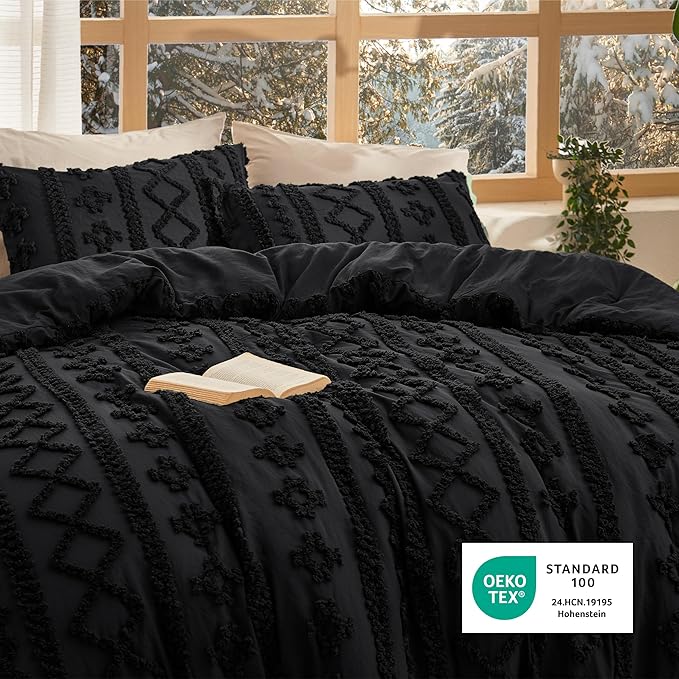 Bedsure Tufted Boho Comforter Set Twin Size - Black Boho Bed Set, GentleSoft™ 2 Pieces Farmhouse Shabby Chic Embroidery Bedding, Gifts for Woman, Soft Jacquard Twin Comforter for All Seasons