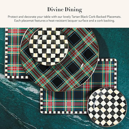 MACKENZIE-CHILDS Set of 4 Cork-Back Placemats, Hard-Finish Table Mats, Tartan Black