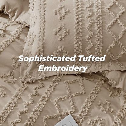 Bedsure Tufted Boho Comforter Set Twin Size - Khaki Boho Bed Set, GentleSoft™ 2 Pieces Farmhouse Shabby Chic Embroidery Bedding, Gifts for Woman, Soft Jacquard Twin Comforter for All Seasons