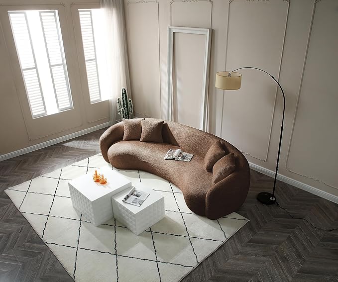 KEIKI 103" Boucle Half Moon Curved Sectional Sofa with 4 Throw Pillows, Modern 5-Seater Teddy Fleece Leisure Couch with Curved Backrest, Easy Assembly, for Living Room, Bedroom, Brown