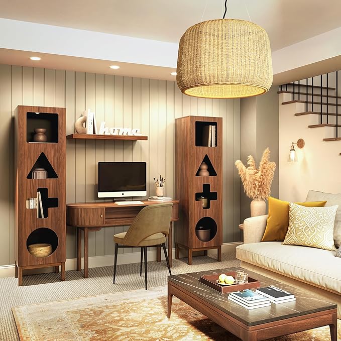 WERMO 18’’ Showcase Display Cabinet with Geometric Cut-Out Doors - Modern Curio Cabinet for Dining Room, Living Room, Entryway. Trophy Case, Collectible Display Case Wood with Door & Storage Consoles (Walnut)