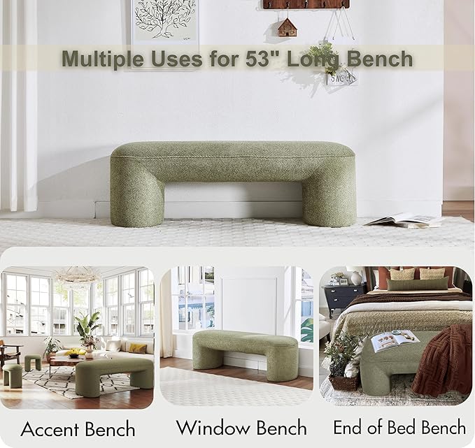 3-Piece Nesting Upholstered Bench with 2 Stools, 53" Chenille Accent Chair Waterfall Bench Modern End of Bed Entryway Bench Bedroom Bench for Living Room Vanity, Green, No Need to Install