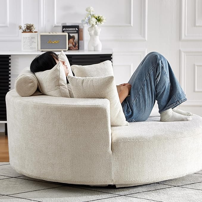 KEIKI 55" Oversized Swivel Accent Chair, Large Barrel Chairs Upholstered Round Swivel Chair, Chenille Single Sofa Armchair, Sleeper Chair for Living Room, Lounge, Beige