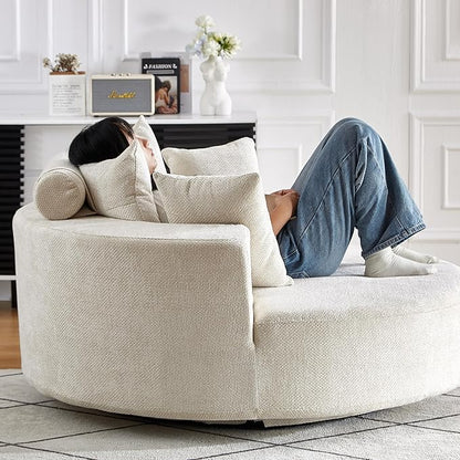 KEIKI 55" Oversized Swivel Accent Chair, Large Barrel Chairs Upholstered Round Swivel Chair, Chenille Single Sofa Armchair, Sleeper Chair for Living Room, Lounge, Beige