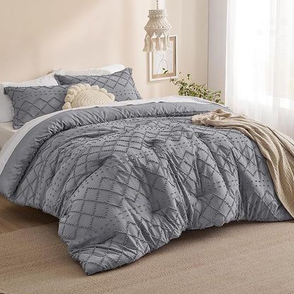Bedsure Twin Comforter Set - Grey Comforter, Boho Tufted Shabby Chic Bedding for Kids, 2 Pieces Vintage Farmhouse Bed Set for All Seasons, Fluffy Soft Bedding with 1 Pillow Sham