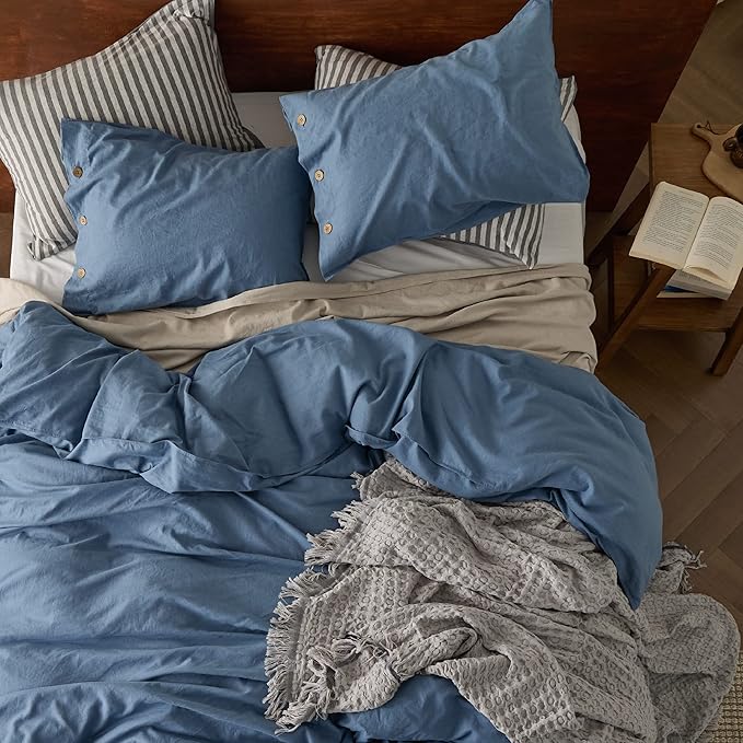 Bedsure Linen Duvet Cover Queen - Linen Cotton Blend Bedding Set, Soft & Cozy, 3 Pieces, 1 Duvet Cover 90x90 Inches and 2 Pillowcases, Foggy Blue Color Cooling Bedding, Comforter Sold Separately