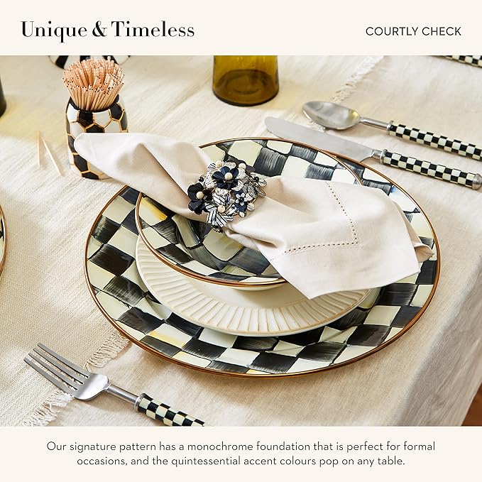 MACKENZIE-CHILDS Enamel Round Unique Serving Platter for Food and Drinks, Black-and-White Courtly Check