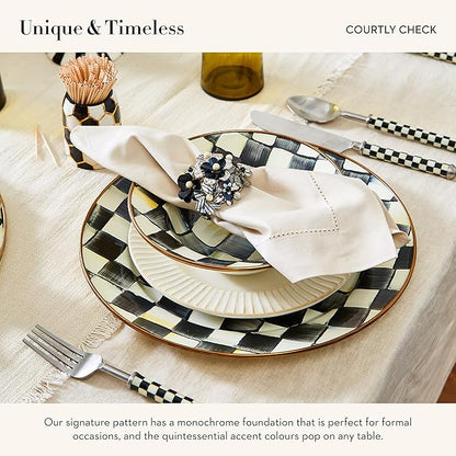 MACKENZIE-CHILDS Enamel Round Unique Serving Platter for Food and Drinks, Black-and-White Courtly Check