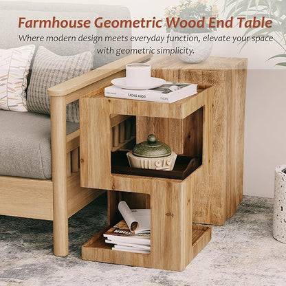COZAYH Farmhouse Geometric Wood End Table, Distressed Accent Side Table with Two Storage Space, 3-Layer Cube Design for Bedroom, Living Room, Entryway.