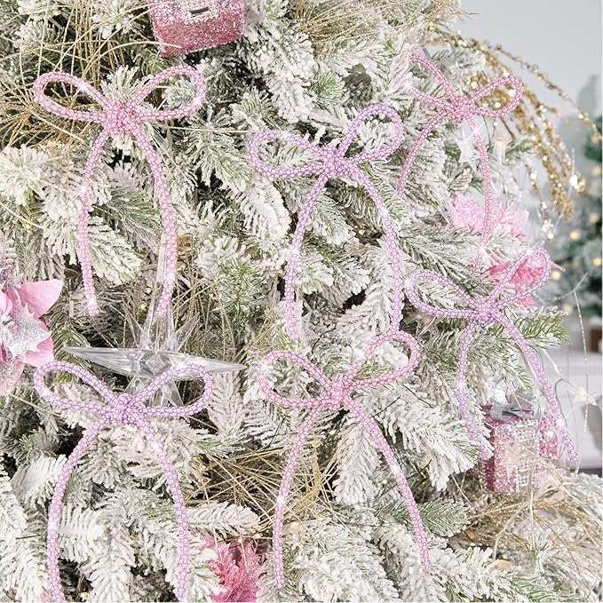 FLAIR GIFTS 6 Pcs 4.3" x 6" 2025 Christmas Bows for Tree Decor, Mix Pink Sparkly Glitter Rhinestone Bow Ornaments with Twist Tie for Xmas Decoration, Wreath, Garland, Gift Wrapping