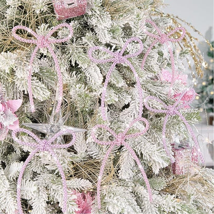 FLAIR GIFTS 6 Pcs 4.3" x 6" 2025 Christmas Bows for Tree Decor, Mix Pink Sparkly Glitter Rhinestone Bow Ornaments with Twist Tie for Xmas Decoration, Wreath, Garland, Gift Wrapping