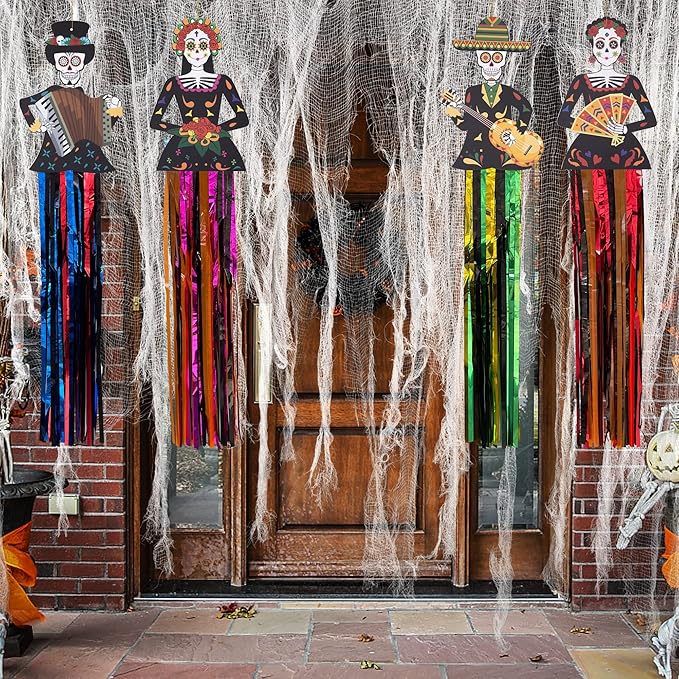 codree 4 PCS Large Day of The Dead Sugar Skull Hanging Decorations-39x8.6 Inch Dia De Los Muertos Hanging Decorations for Day of The Dead Halloween Party Home Outdoor Decor