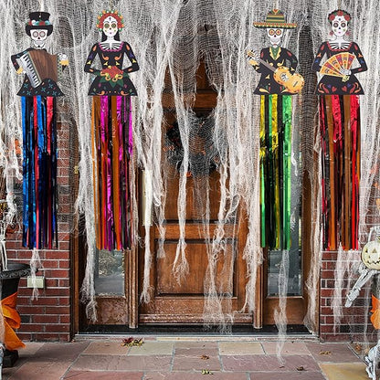 codree 4 PCS Large Day of The Dead Sugar Skull Hanging Decorations-39x8.6 Inch Dia De Los Muertos Hanging Decorations for Day of The Dead Halloween Party Home Outdoor Decor