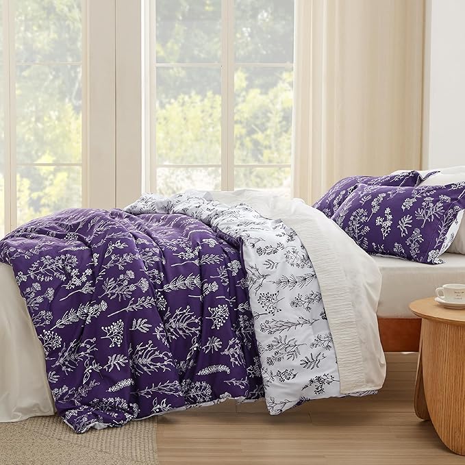 Bedsure Twin/Twin XL Comforter Set - Dark Purple Bed Set, 2 Pieces Cute Floral Bedding, 1 Soft Reversible Botanical Flowers Comforter and 1 Pillow Sham