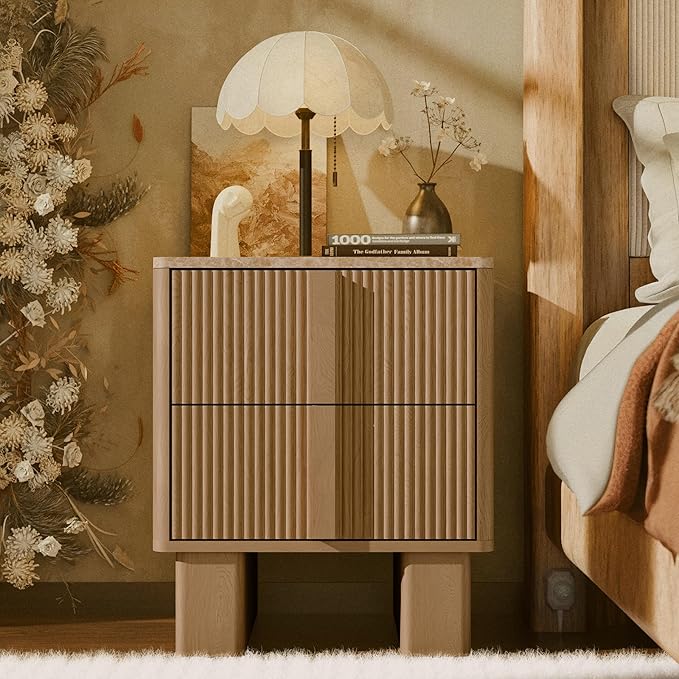 Fluted Night Stand with Charging Station, 22" Tall END Table with 2 Large Storage Drawers and 2 Widened Reinforced Legs, Modern Bedside Table for Bedroom, Living Room, Natural Oak