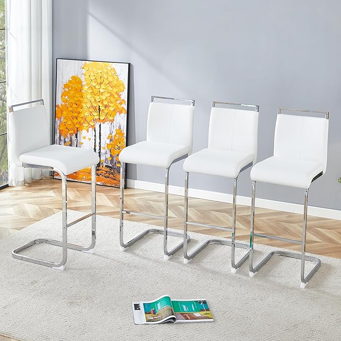 White Bar Stools Set of 4,30" Counter Height Bar Stools with Footrest,White Faux Leather Kitchen Stools with Chrome Plated Metal Leg,Counter Height Stools Ideal for Island Pub Kitchen Counter Dining Chair