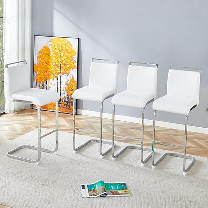 White Bar Stools Set of 4,30" Counter Height Bar Stools with Footrest,White Faux Leather Kitchen Stools with Chrome Plated Metal Leg,Counter Height Stools Ideal for Island Pub Kitchen Counter Dining Chair