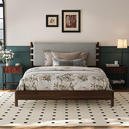 Premium Rubber Wood Platform Bed Frames, Queen Size Headboard Included, Mid Century Modern Bed, Walnut+Light Grey