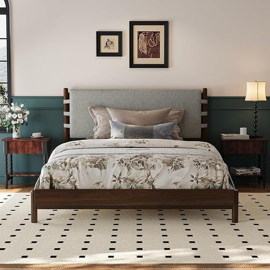 Premium Rubber Wood Platform Bed Frames, Queen Size Headboard Included, Mid Century Modern Bed, Walnut+Light Grey