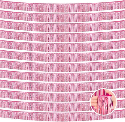 12 Pack 10 Feet Metallic Foil Fringe Garland Tinsel Streamers Banner, Pink Wall Hanging Tinsel Fringe Banners for Parade Floats, Wedding, Birthday, Christmas, New Year Party Decorations