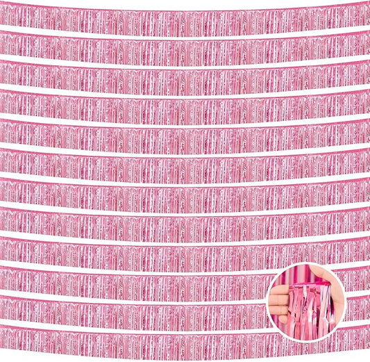 12 Pack 10 Feet Metallic Foil Fringe Garland Tinsel Streamers Banner, Pink Wall Hanging Tinsel Fringe Banners for Parade Floats, Wedding, Birthday, Christmas, New Year Party Decorations