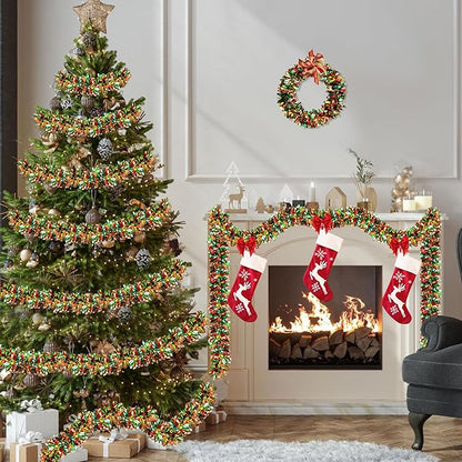 50 FT Christmas Tinsel Garland for Christmas Tree Decorations, Red Green Gold Metallic Twist Shiny Hanging Xmas Garlands for Stairs Mantle Fireplace Home Indoor Outdoor Holiday Party Suppliers Decor